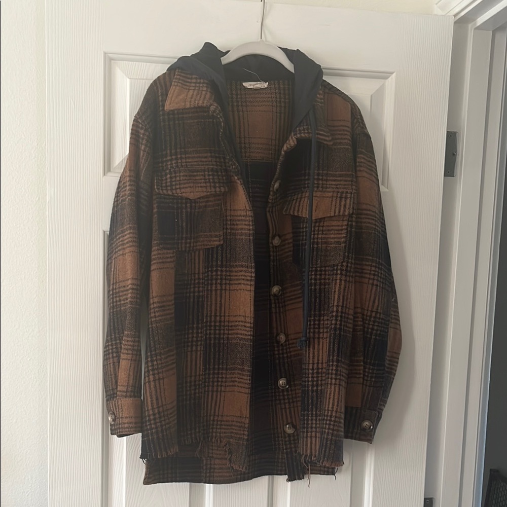 Brown Plaid Hooded Men's Shacket Jacket
